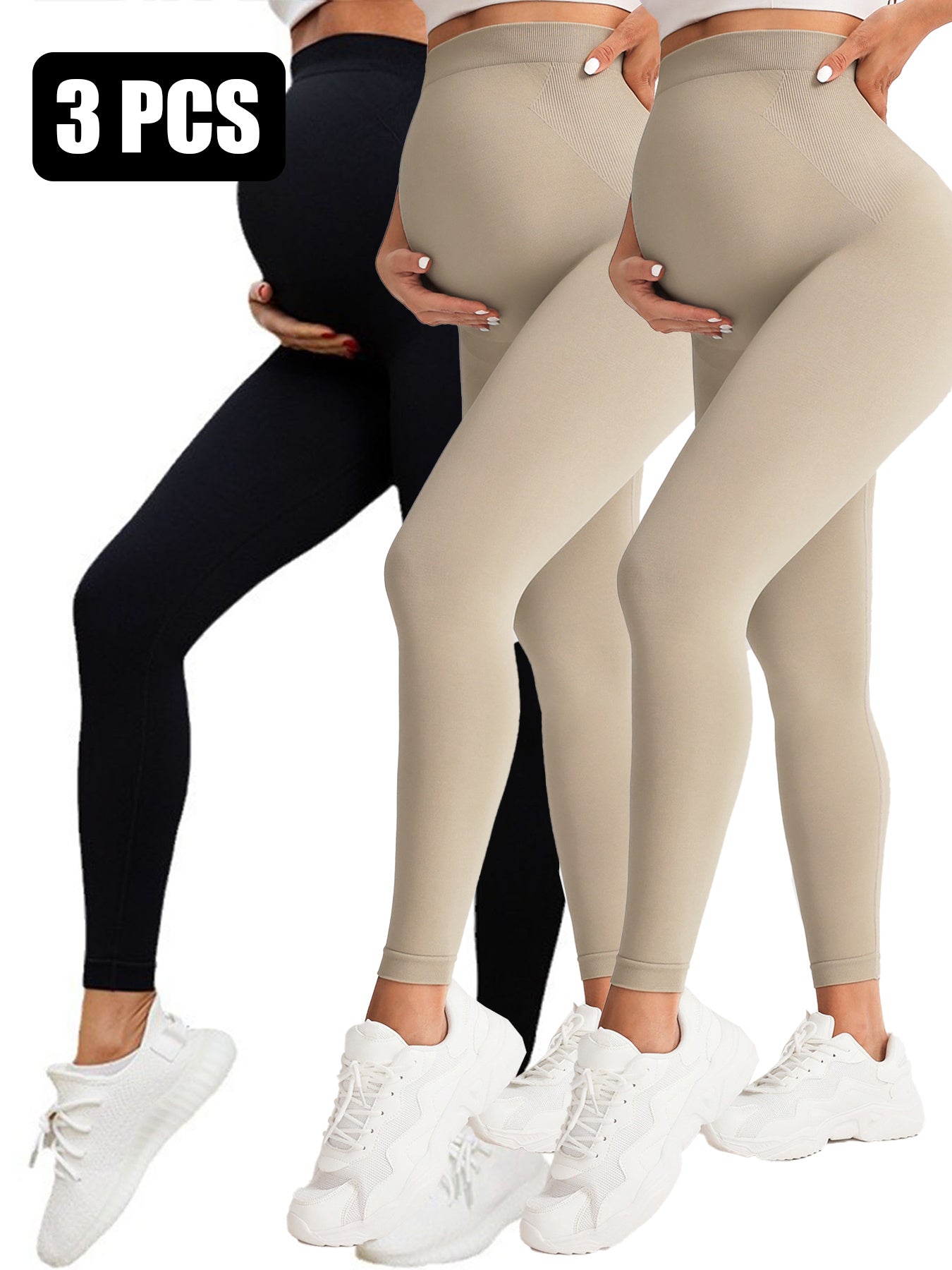 3 Pack Maternity High-Waisted Seamless Yoga Pants For Women - Tummy Support Fitness Leggings