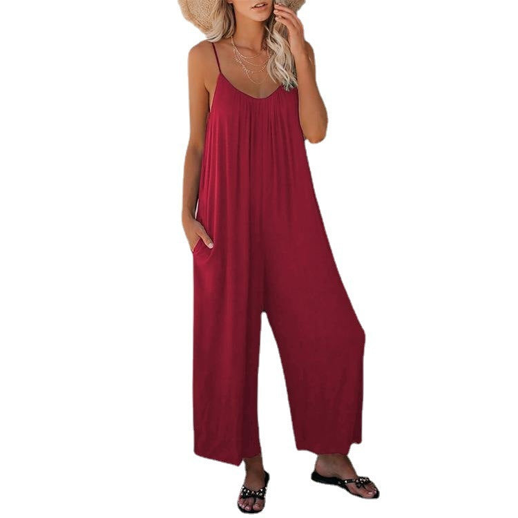 Women's Fashion Solid Color Pocket Loose Casual Sling Jumpsuit