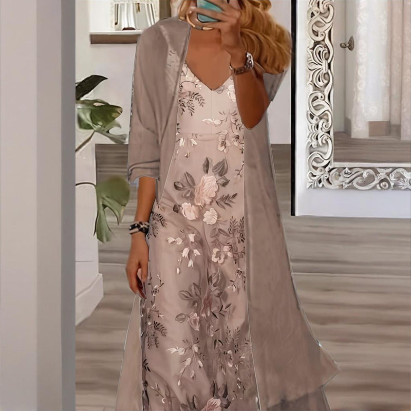 Women's V-Neck Floral Print Slip Dress & Long Sleeve Cover-Up Set - Boho Chic Summer Outfit