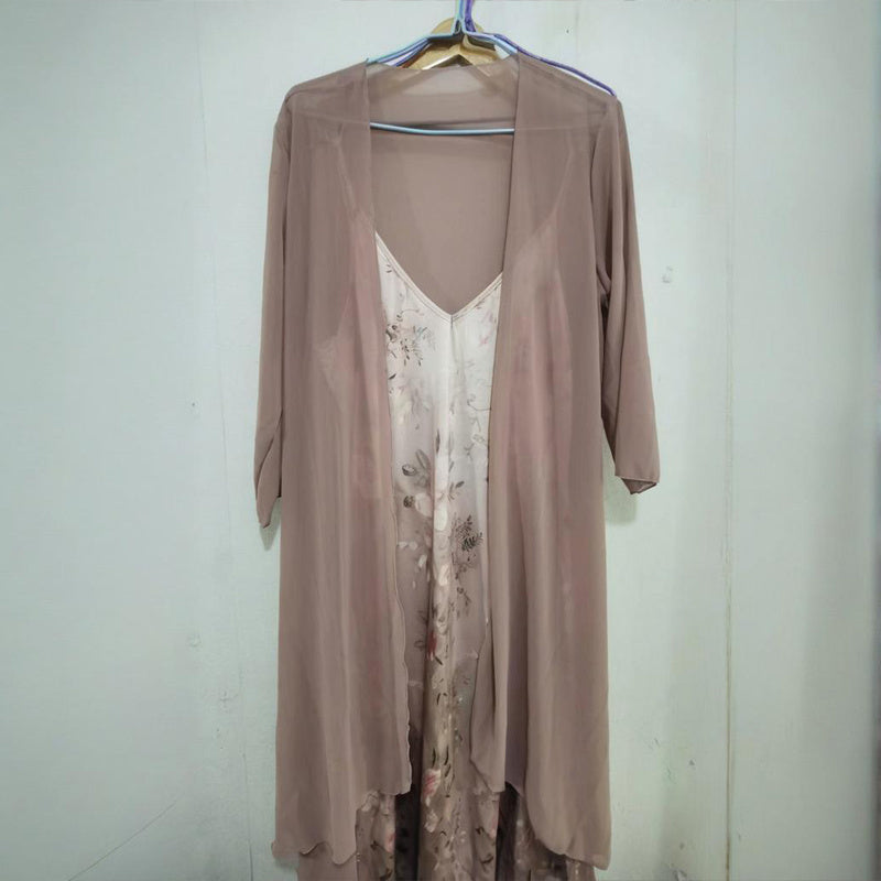 Women's V-Neck Floral Print Slip Dress & Long Sleeve Cover-Up Set - Boho Chic Summer Outfit