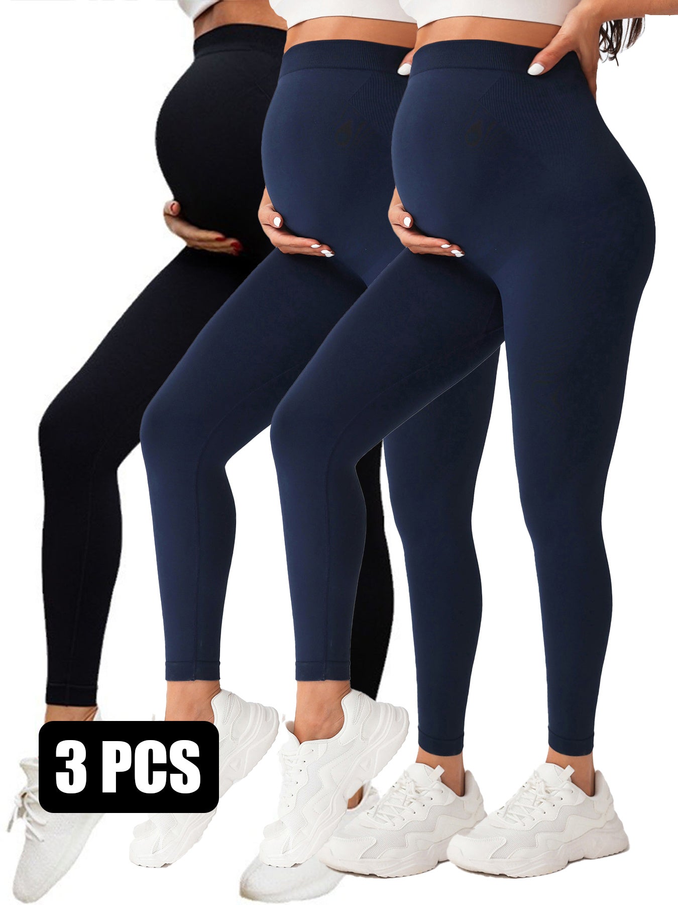 3 Pack Maternity High-Waisted Seamless Yoga Pants For Women - Tummy Support Fitness Leggings