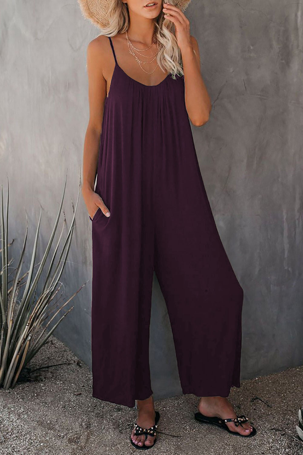 Women's Fashion Solid Color Pocket Loose Casual Sling Jumpsuit