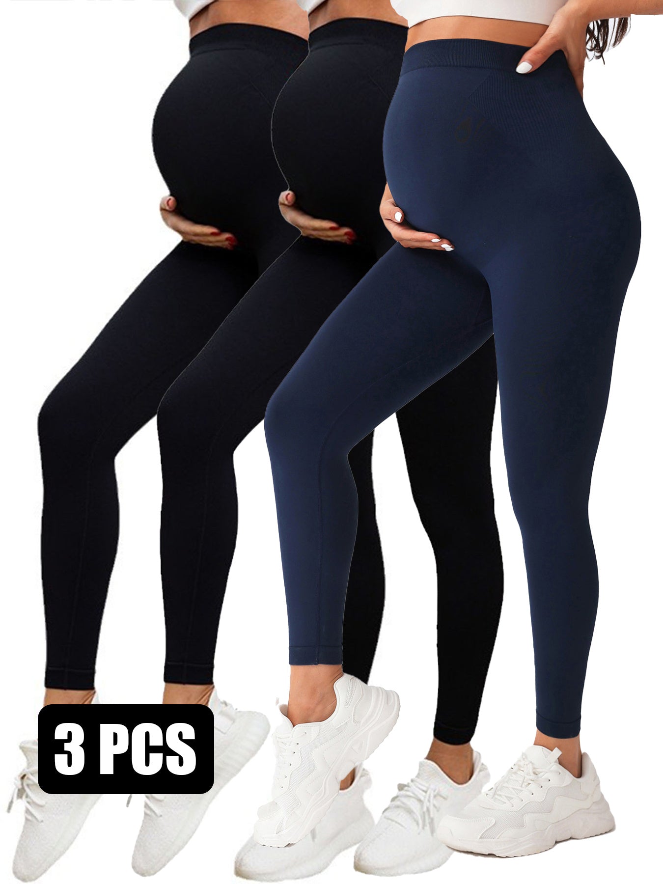 3 Pack Maternity High-Waisted Seamless Yoga Pants For Women - Tummy Support Fitness Leggings