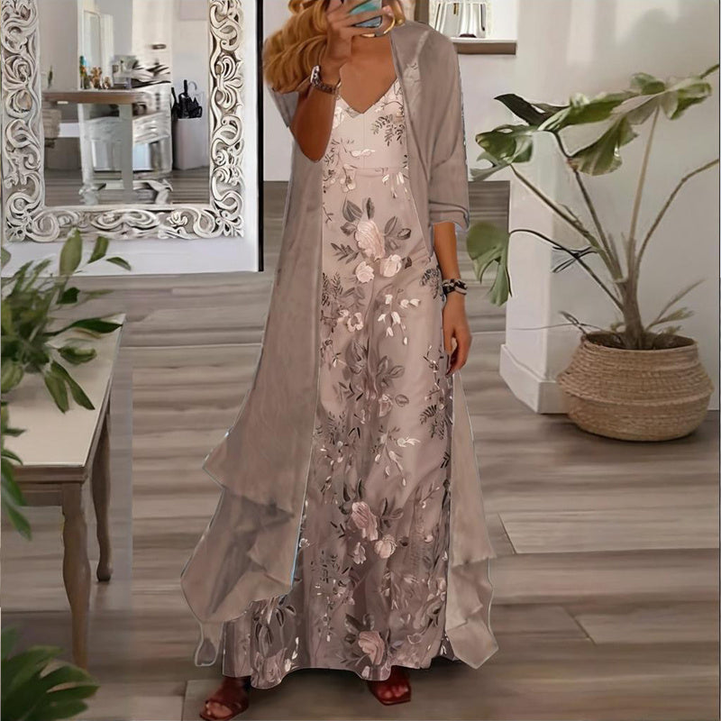 Women's V-Neck Floral Print Slip Dress & Long Sleeve Cover-Up Set - Boho Chic Summer Outfit