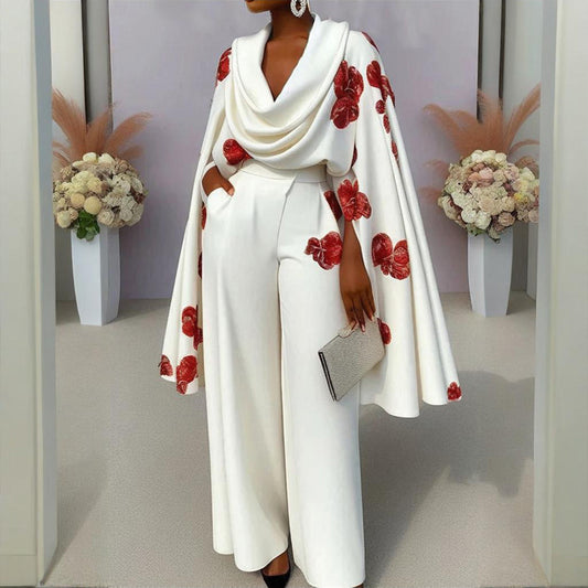 Women's Floral Print Mock Neck Long Sleeve Top & Wide Leg Pants Set With Pockets - Stylish Spring&Summer Outfit